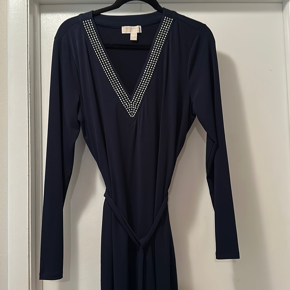 V neck navy long sleeve dress with silver bling